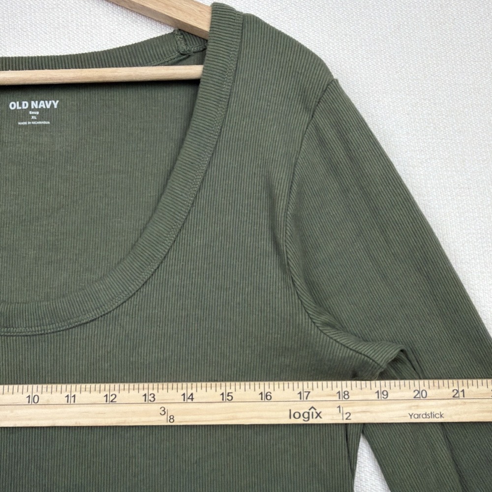 Old Navy Green‎ Ribbed Scoop Neck Long Sleeve Blouse XL Top Preppy Stretch Snug - Picture 6 of 9